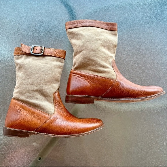 Frye Tan Leather Canvas Mid Calf Boots Size 8 Western Buckle Riding Boots - Picture 3 of 8